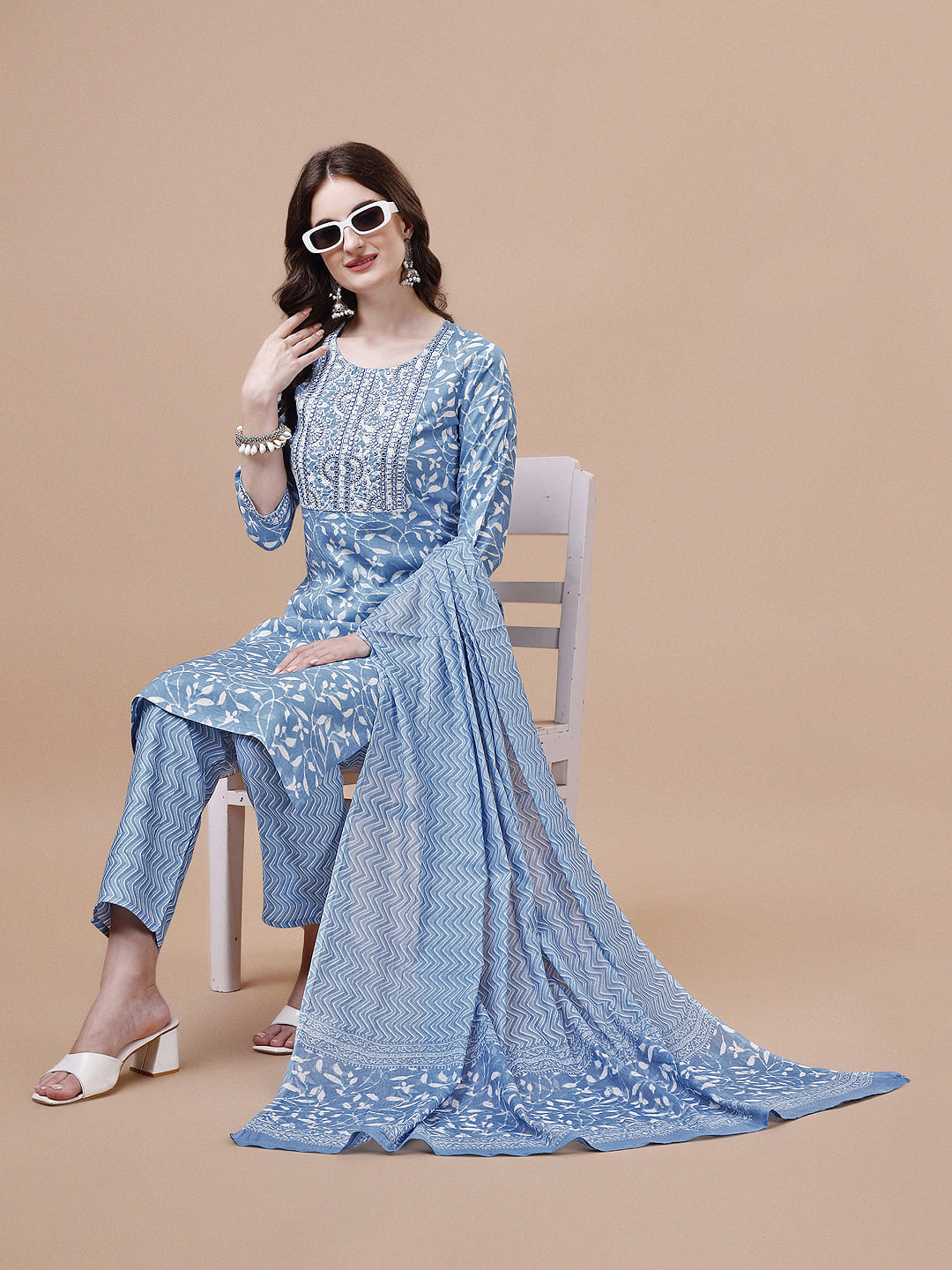 Embroidered & Floral Printed Cotton Kurta With Pant & Dupatta Set, Multicolor - Hiral Fashion