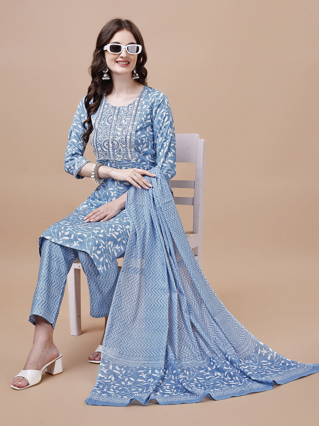 Embroidered & Floral Printed Cotton Kurta With Pant & Dupatta Set, Multicolor - Hiral Fashion