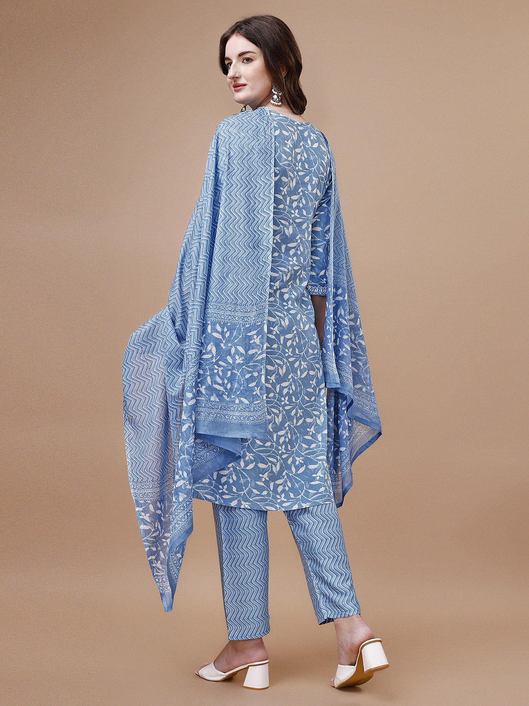 Embroidered & Floral Printed Cotton Kurta With Pant & Dupatta Set, Multicolor - Hiral Fashion