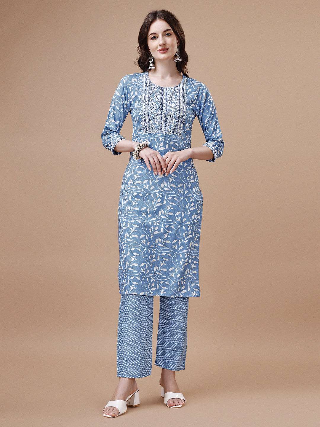Embroidered & Floral Printed Cotton Kurta With Pant & Dupatta Set, Multicolor - Hiral Fashion