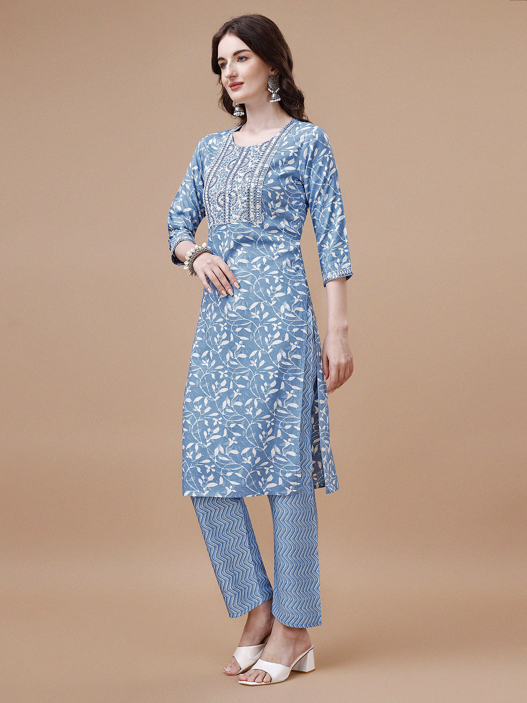 Embroidered & Floral Printed Cotton Kurta With Pant & Dupatta Set, Multicolor - Hiral Fashion