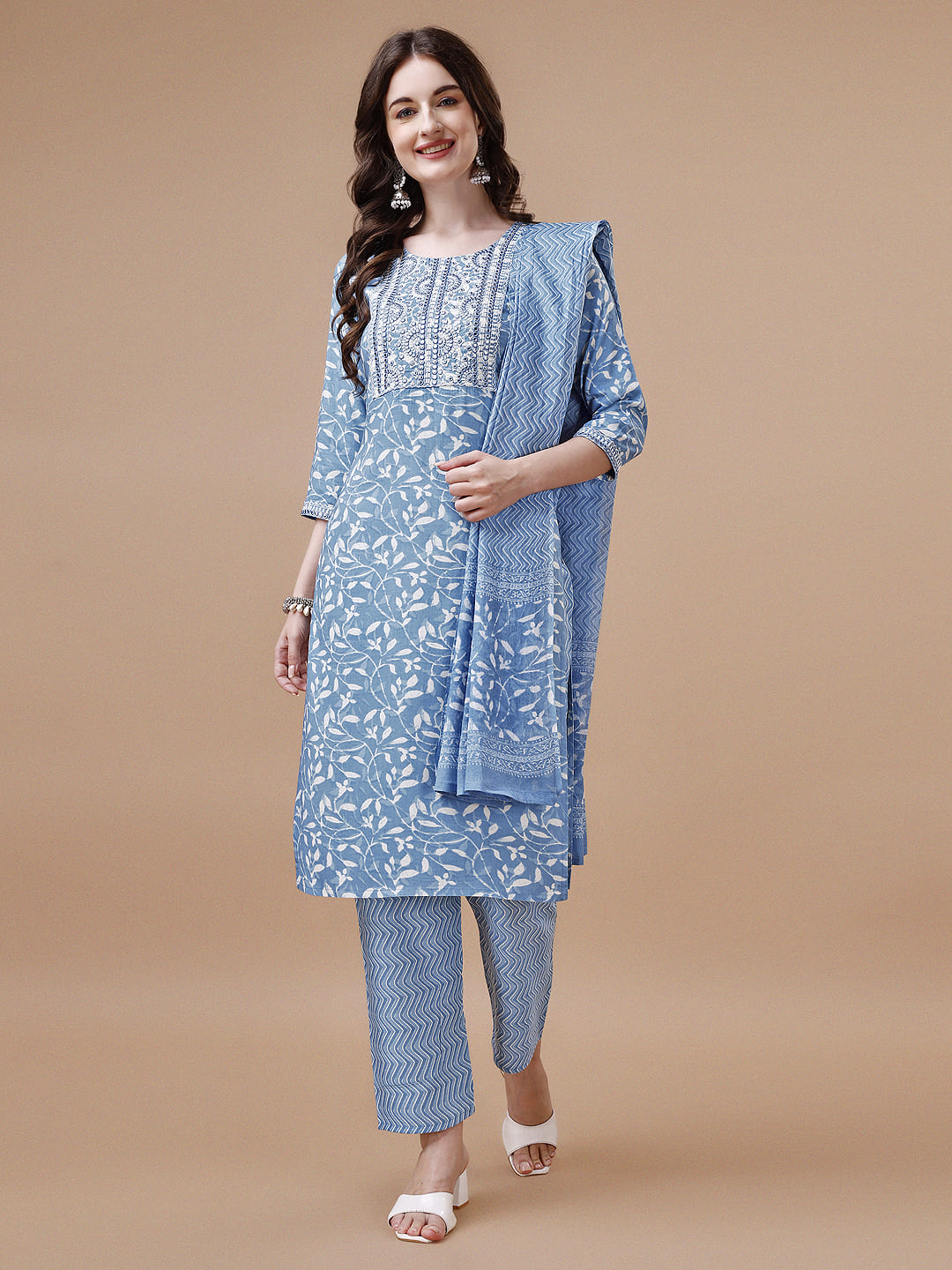 Embroidered & Floral Printed Cotton Kurta With Pant & Dupatta Set, Multicolor - Hiral Fashion