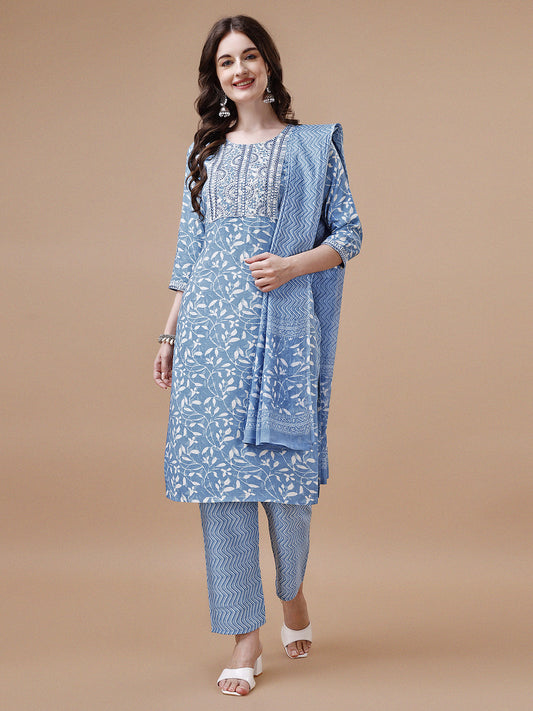 Embroidered & Floral Printed Cotton Kurta With Pant & Dupatta Set, Multicolor - Hiral Fashion