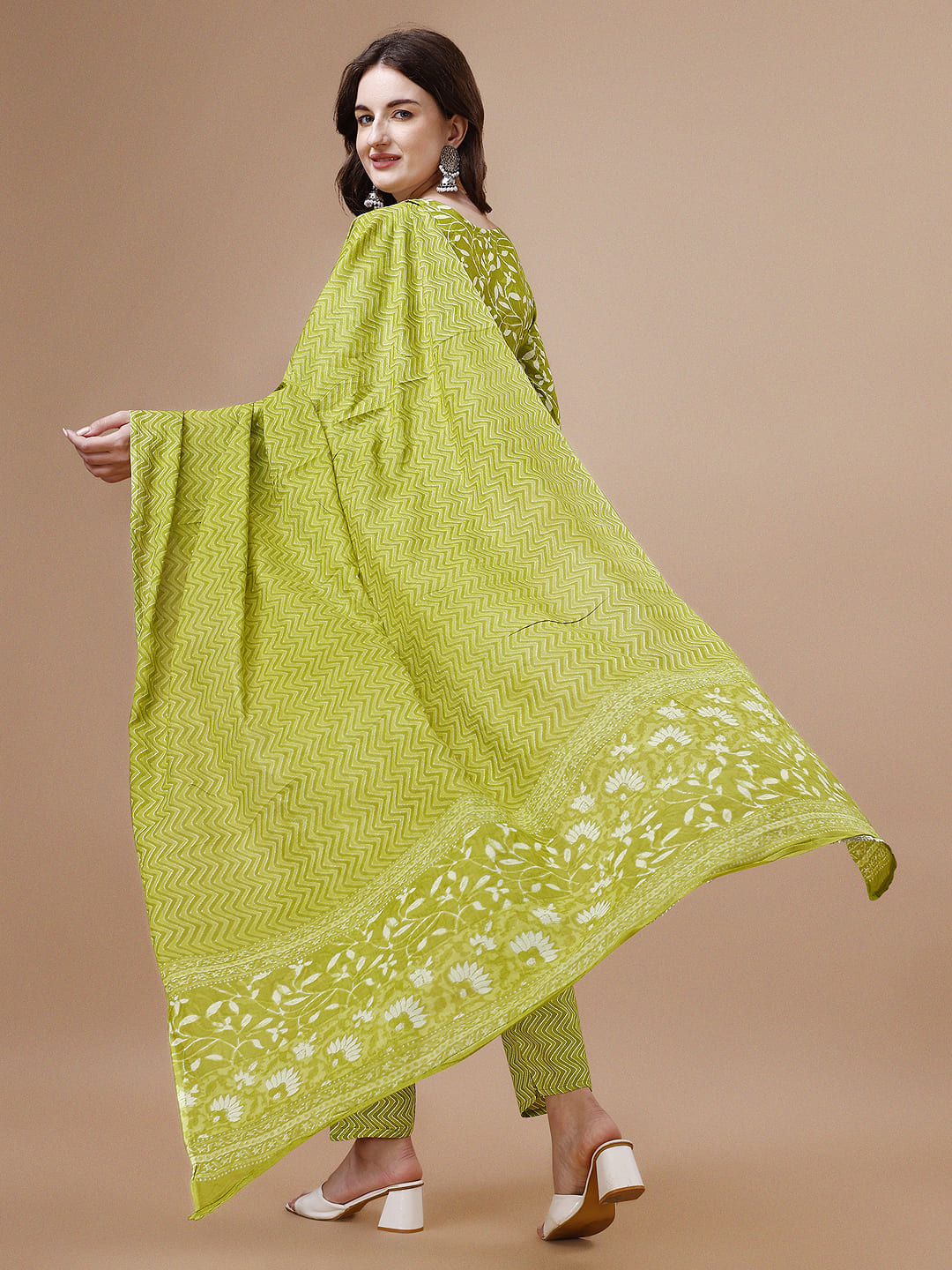 Embroidered & Floral Printed Cotton Kurta With Pant & Dupatta Set, Multicolor - Hiral Fashion