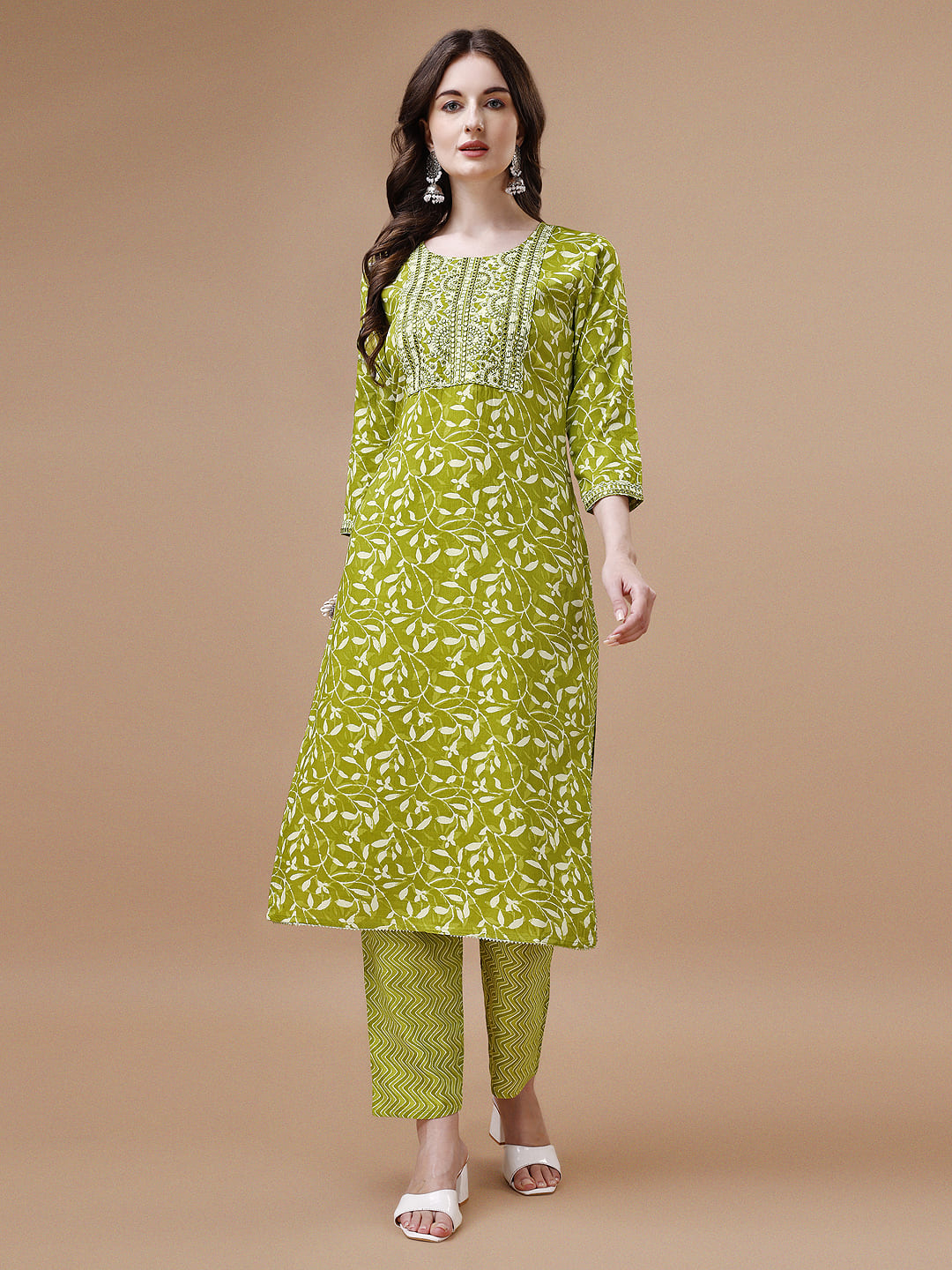 Embroidered & Floral Printed Cotton Kurta With Pant & Dupatta Set, Multicolor - Hiral Fashion