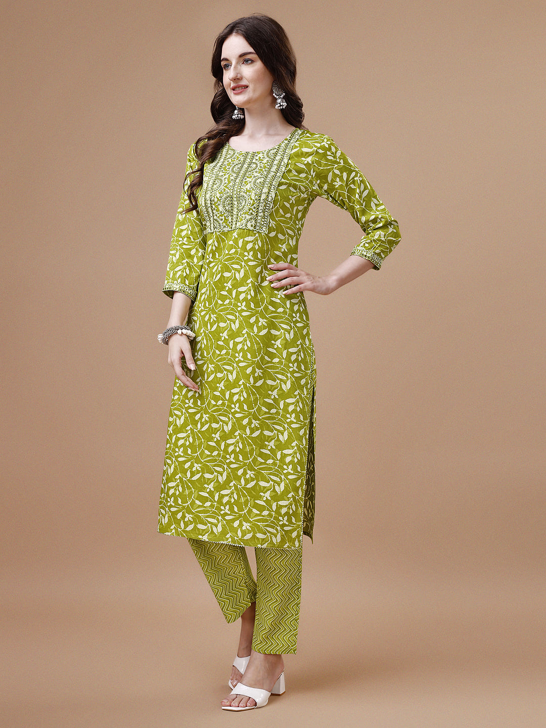 Embroidered & Floral Printed Cotton Kurta With Pant & Dupatta Set, Multicolor - Hiral Fashion