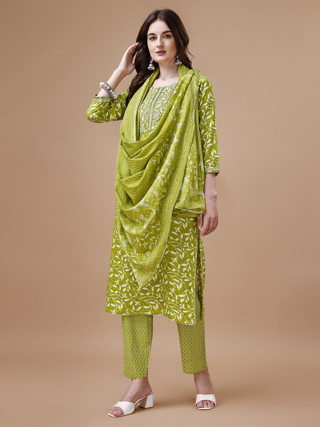 Embroidered & Floral Printed Cotton Kurta With Pant & Dupatta Set, Multicolor - Hiral Fashion