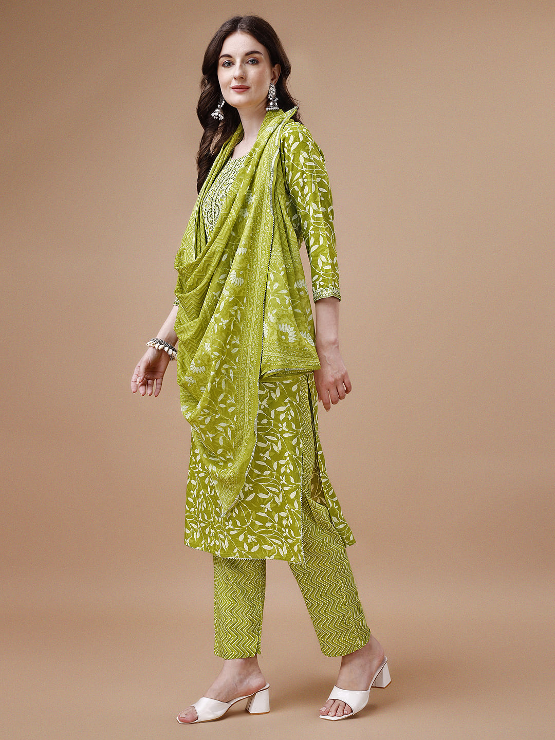 Embroidered & Floral Printed Cotton Kurta With Pant & Dupatta Set, Multicolor - Hiral Fashion