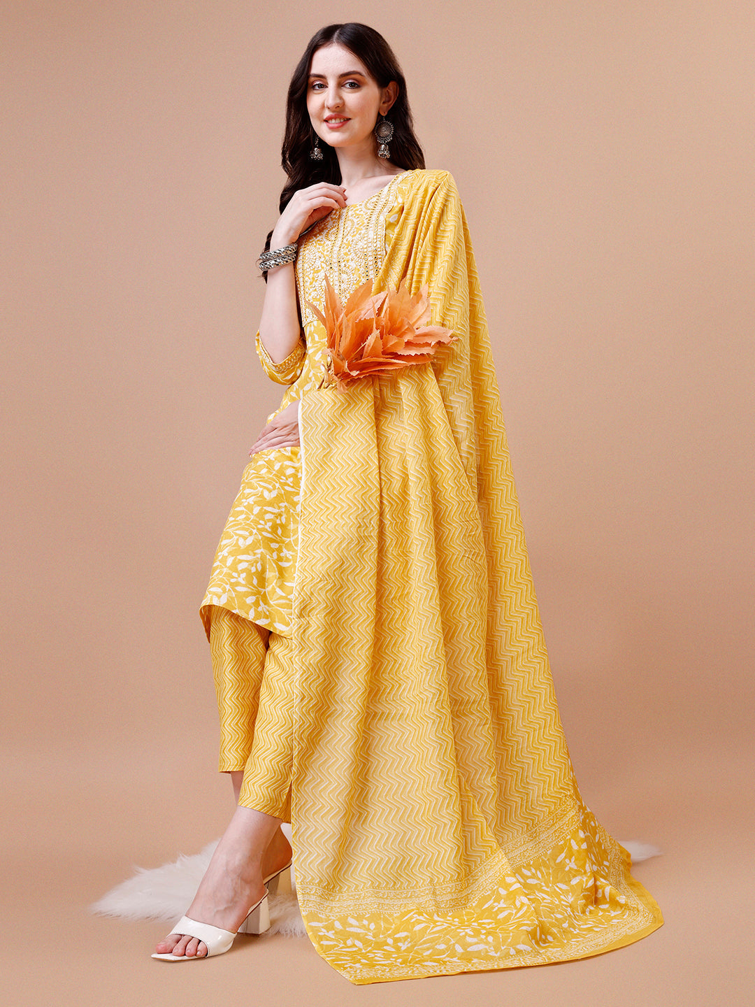 Embroidered & Floral Printed Cotton Kurta With Pant & Dupatta Set, Multicolor - Hiral Fashion