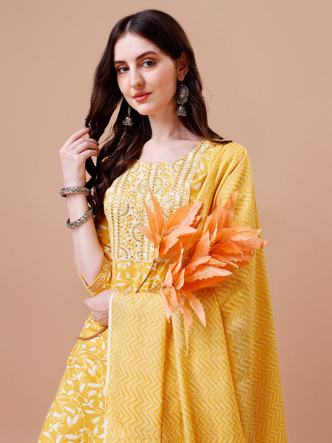 Embroidered & Floral Printed Cotton Kurta With Pant & Dupatta Set, Multicolor - Hiral Fashion