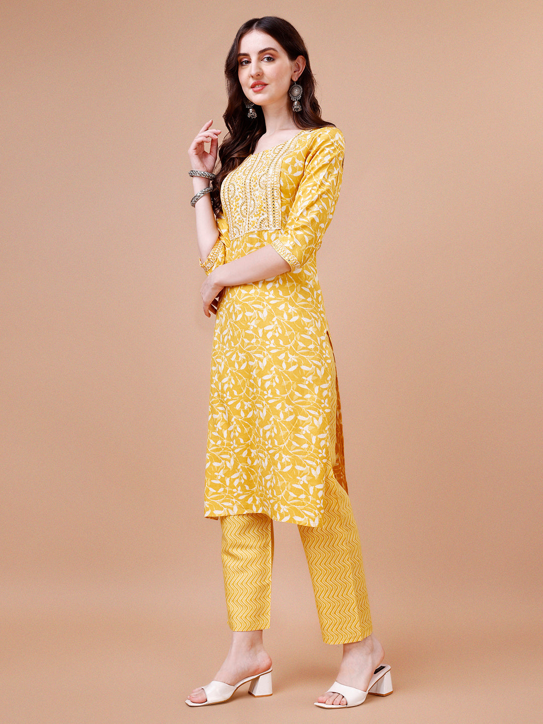 Embroidered & Floral Printed Cotton Kurta With Pant & Dupatta Set, Multicolor - Hiral Fashion
