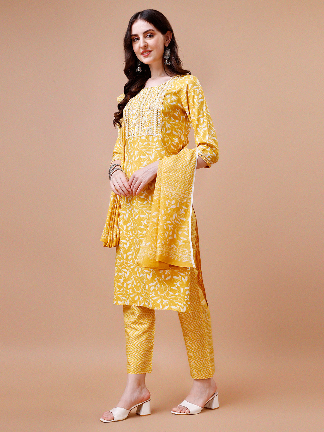 Embroidered & Floral Printed Cotton Kurta With Pant & Dupatta Set, Multicolor - Hiral Fashion