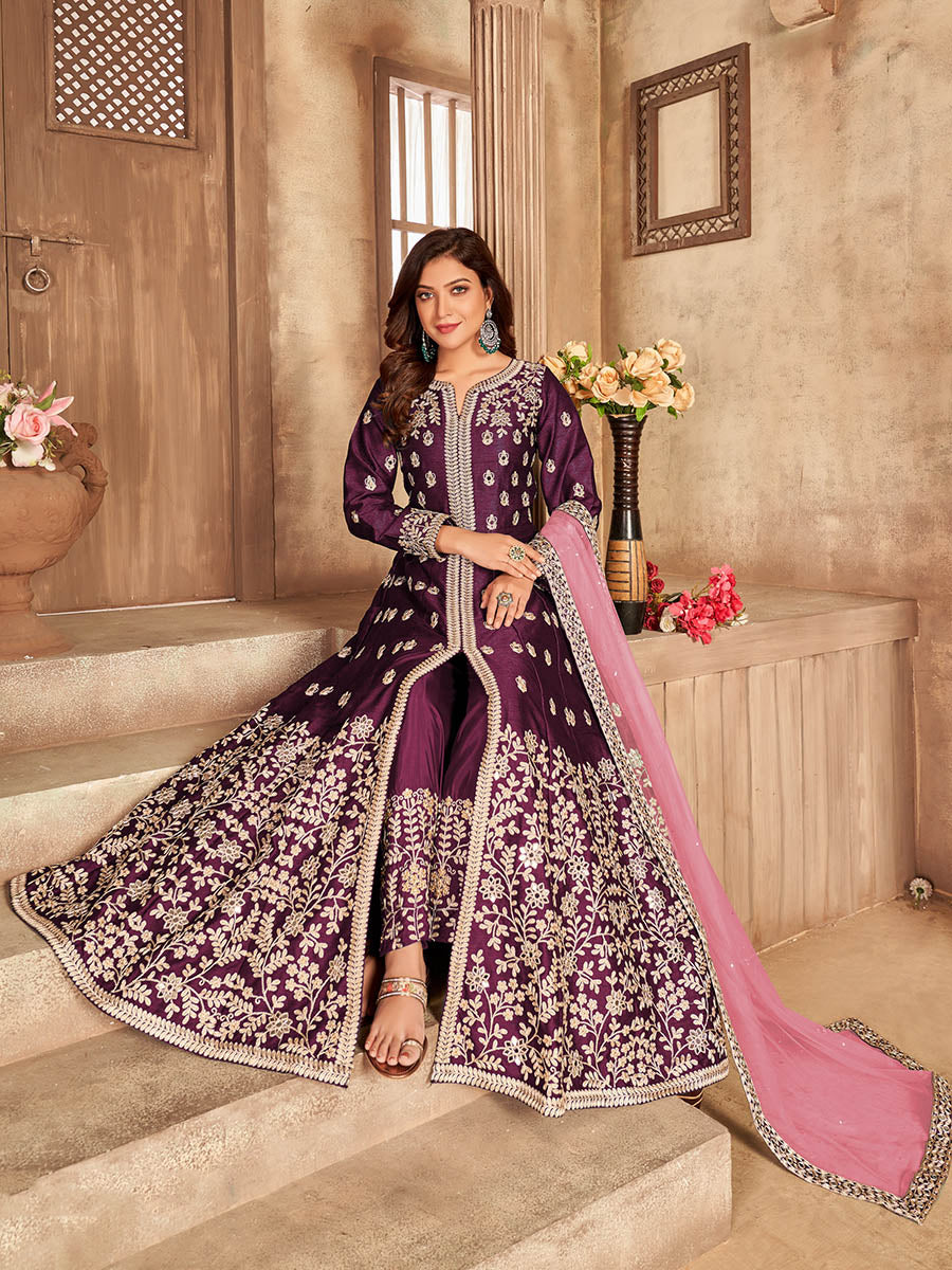 Myra Wine Art silk Embroidered Pant Style Anarkali Suit 