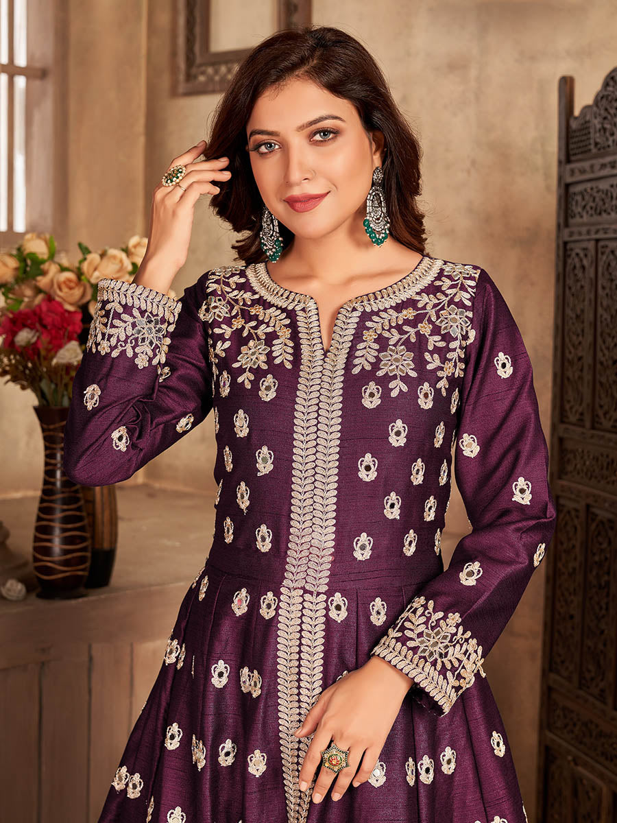 Myra Wine Art silk Embroidered Pant Style Anarkali Suit 