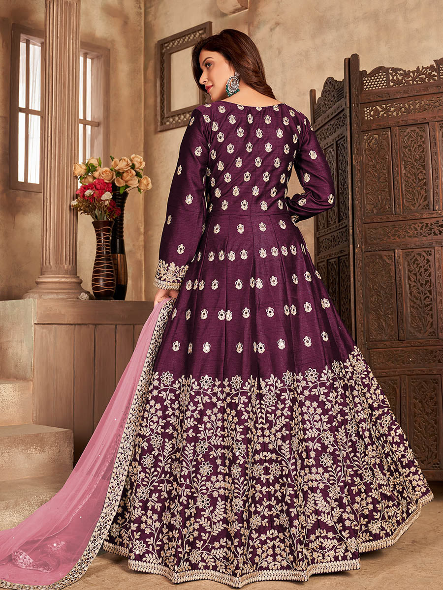 Myra Wine Art silk Embroidered Pant Style Anarkali Suit 