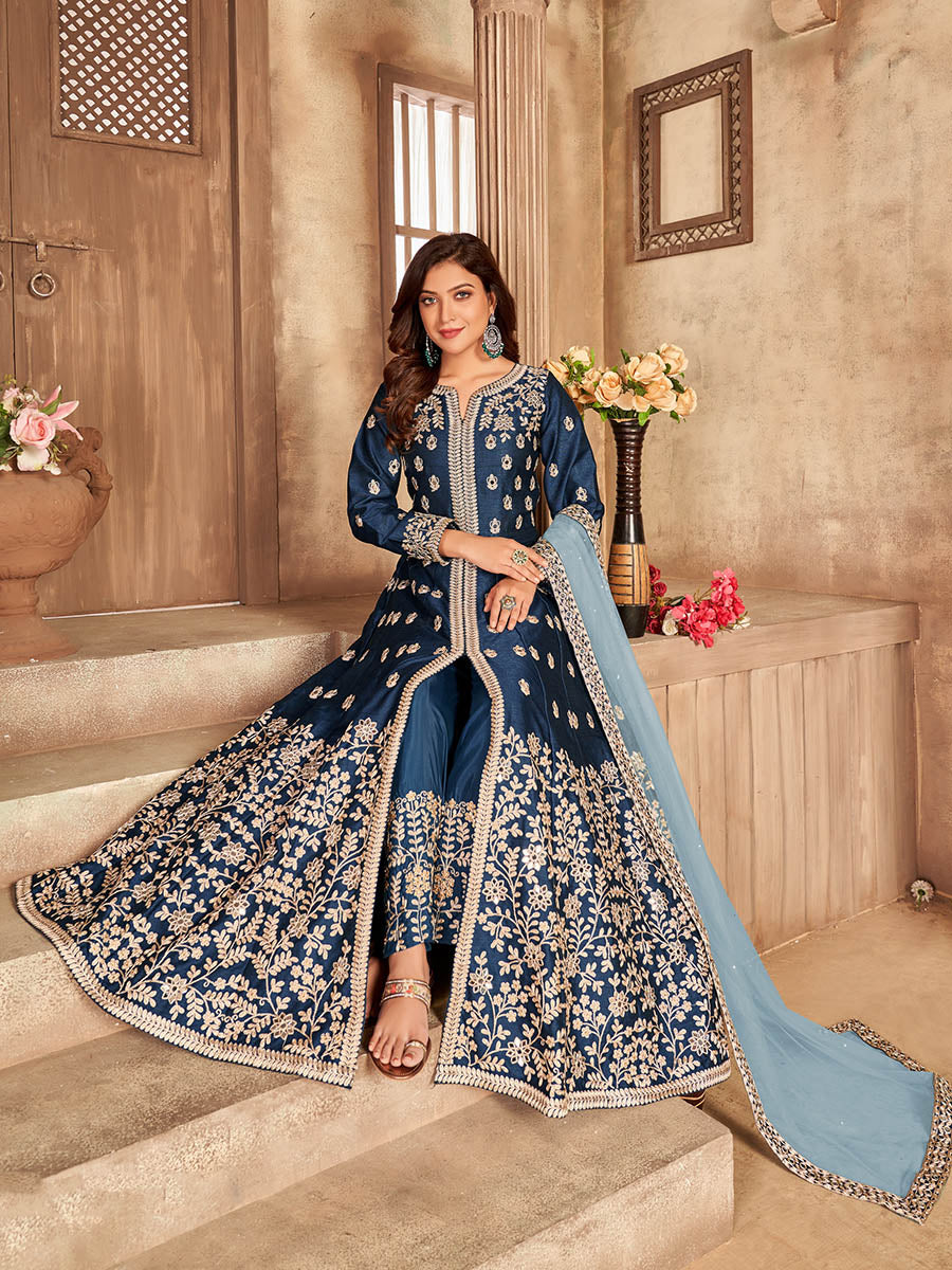 Myra Teal Art silk Embroidered Pant Style Anarkali Suit 