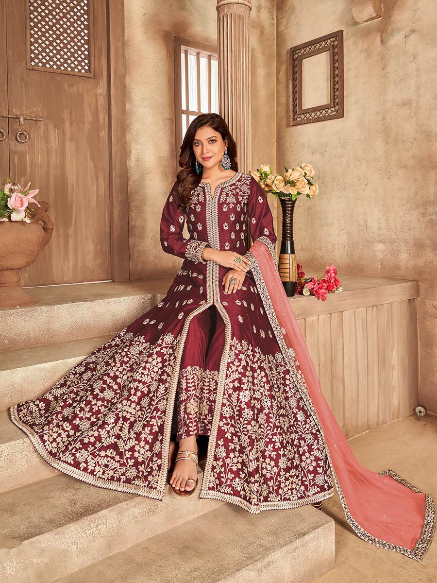 Myra Maroon Art silk Embroidered Pant Style Anarkali Suit 