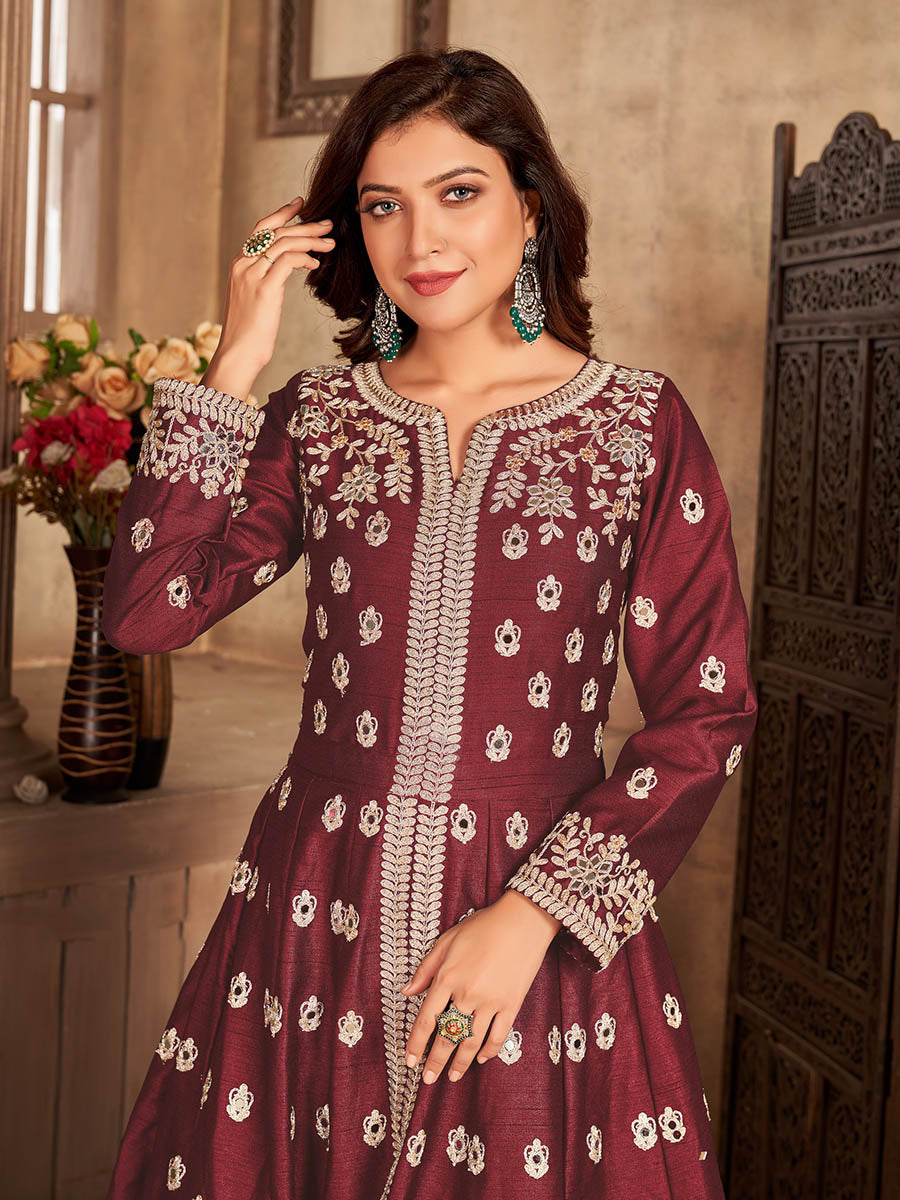 Myra Maroon Art silk Embroidered Pant Style Anarkali Suit 