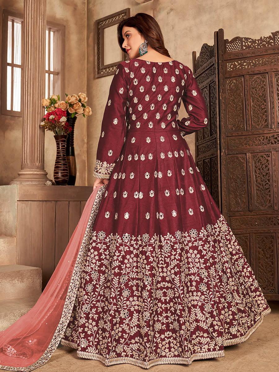 Myra Maroon Art silk Embroidered Pant Style Anarkali Suit 