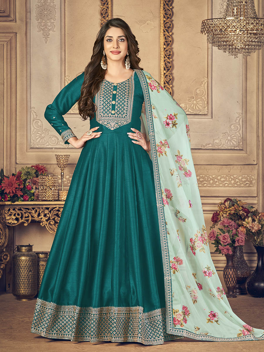 Myra Rama Green Silk Slub Embroidered Anarkali Suit 