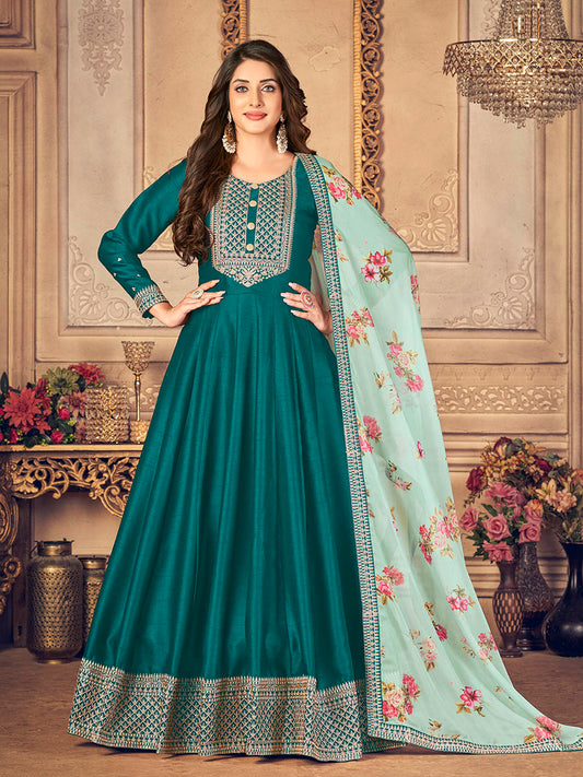 Myra Rama Green Silk Slub Embroidered Anarkali Suit 