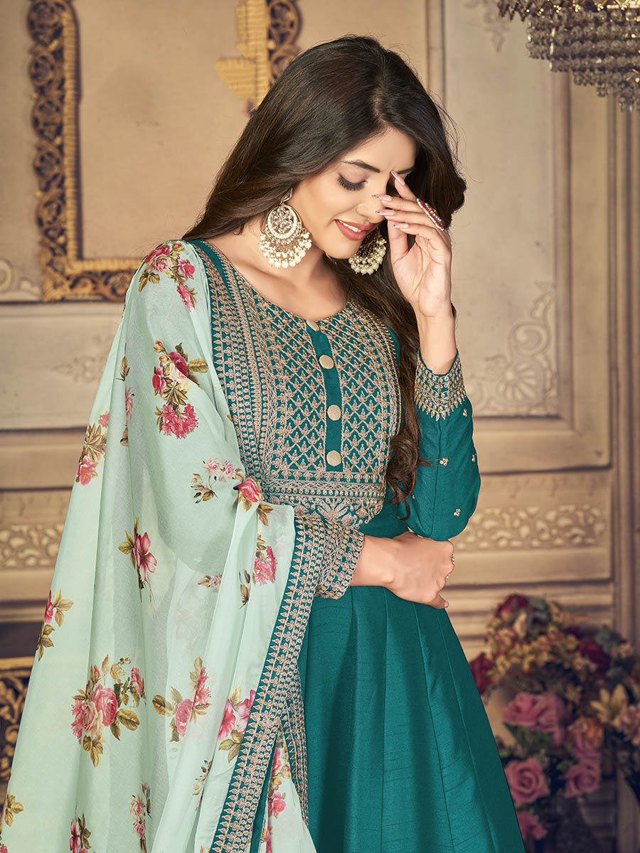 Myra Rama Green Silk Slub Embroidered Anarkali Suit 