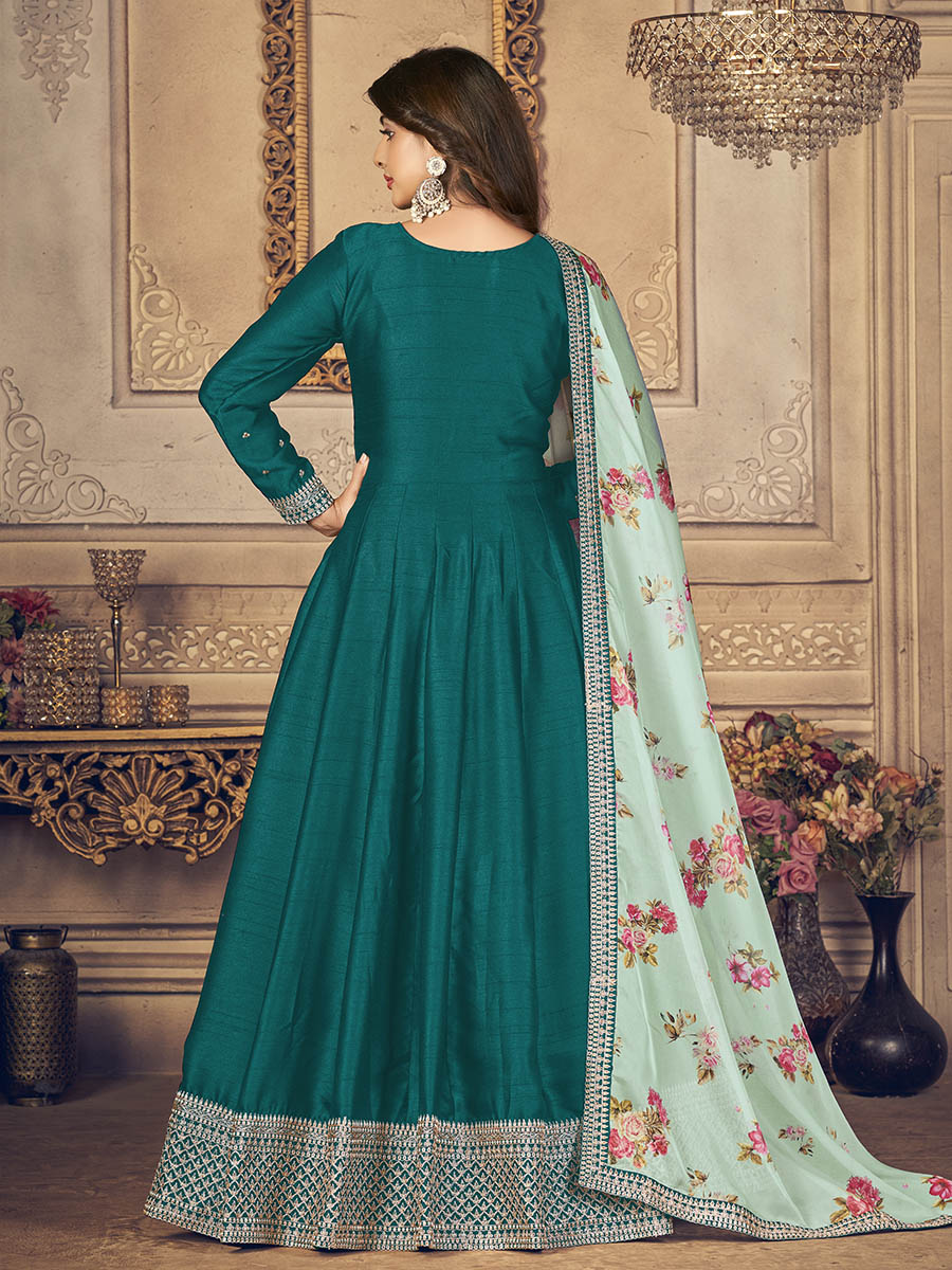 Myra Rama Green Silk Slub Embroidered Anarkali Suit 