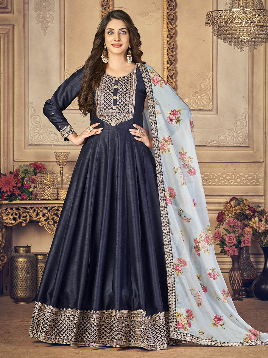 Myra Navy Blue Silk Slub Embroidered Anarkali Suit 