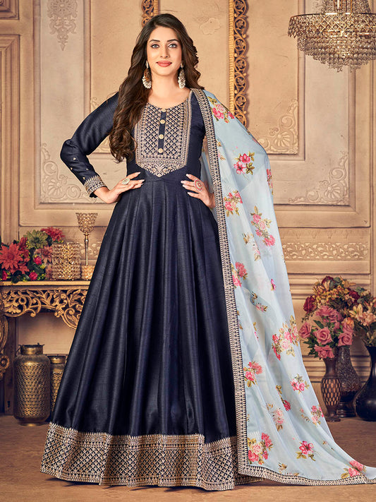 Myra Navy Blue Silk Slub Embroidered Anarkali Suit 