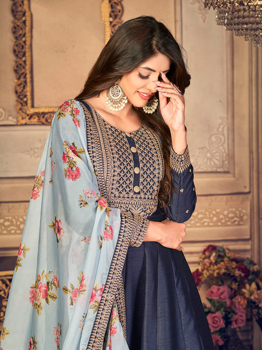 Myra Navy Blue Silk Slub Embroidered Anarkali Suit 