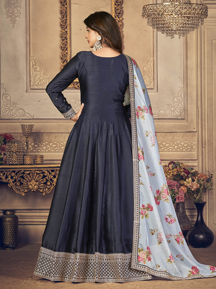 Myra Navy Blue Silk Slub Embroidered Anarkali Suit 