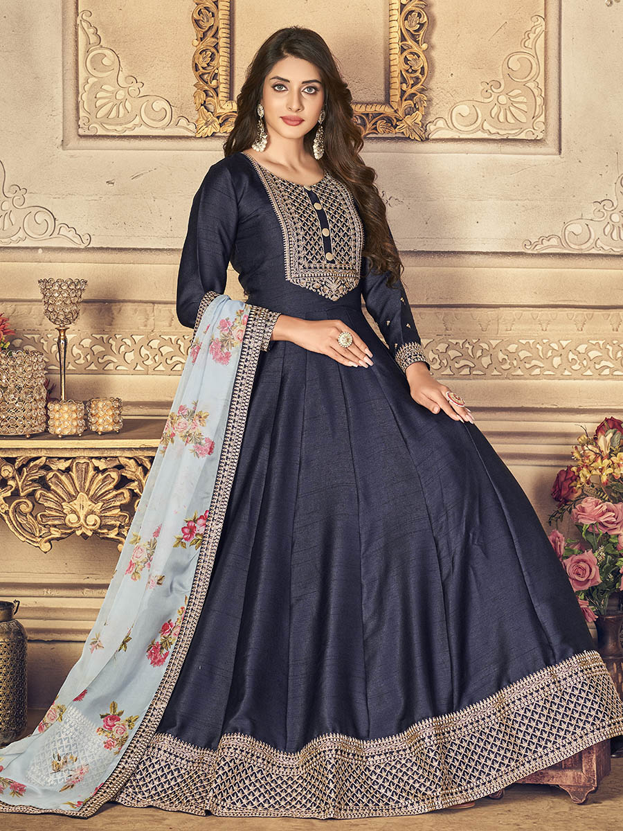 Myra Navy Blue Silk Slub Embroidered Anarkali Suit 