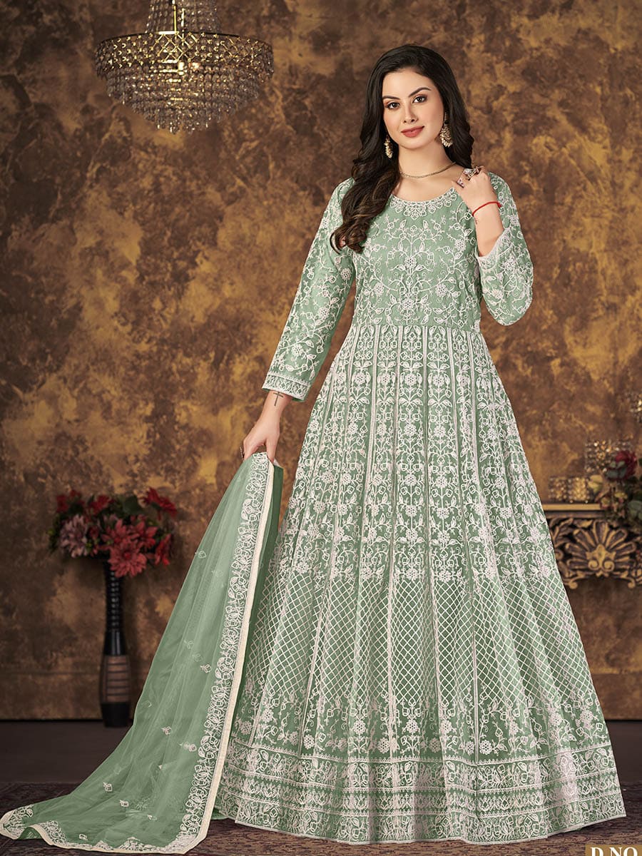 Myra Dusty Pista Butterfly Net Embroidered Anarkali Suit 