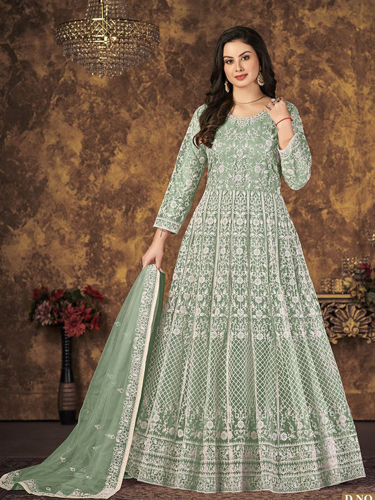 Myra Dusty Pista Butterfly Net Embroidered Anarkali Suit 