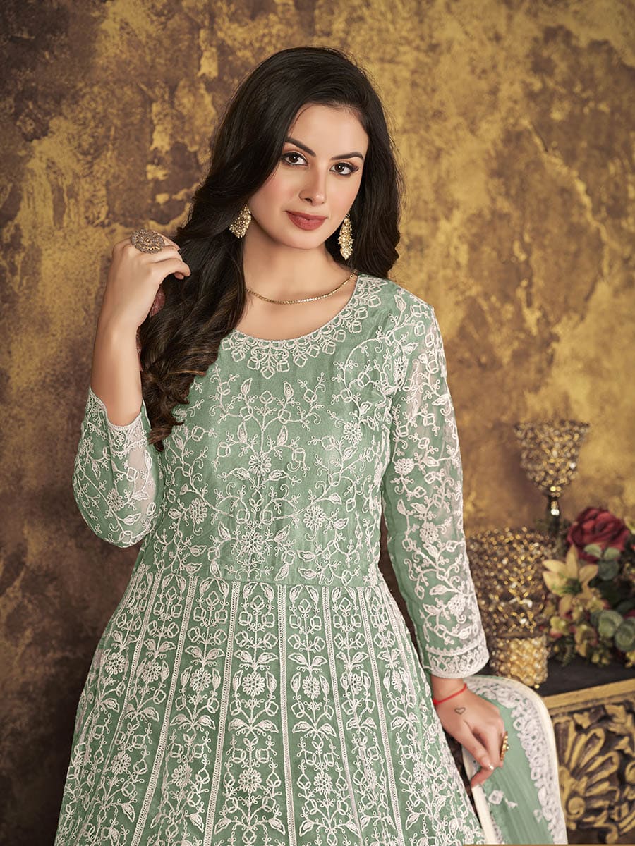 Myra Dusty Pista Butterfly Net Embroidered Anarkali Suit 