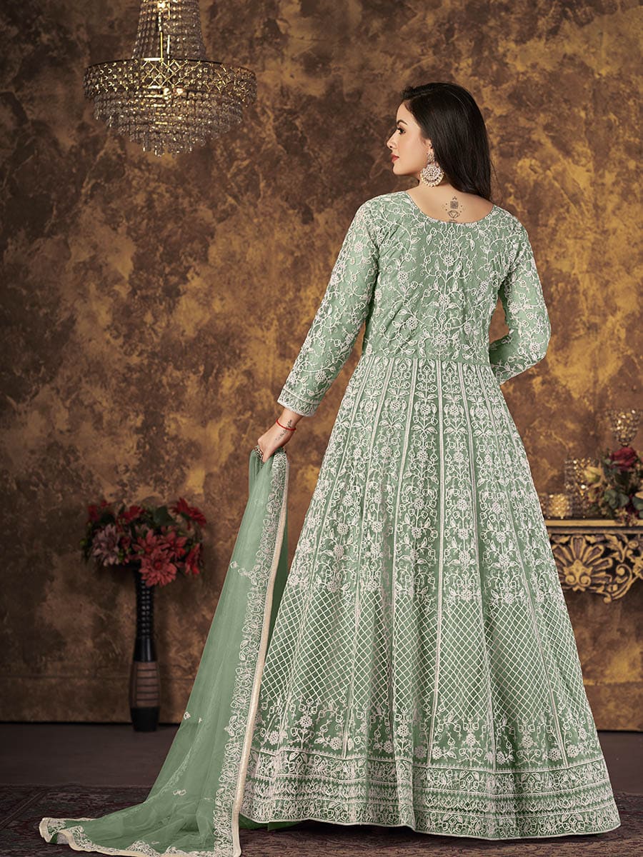 Myra Dusty Pista Butterfly Net Embroidered Anarkali Suit 