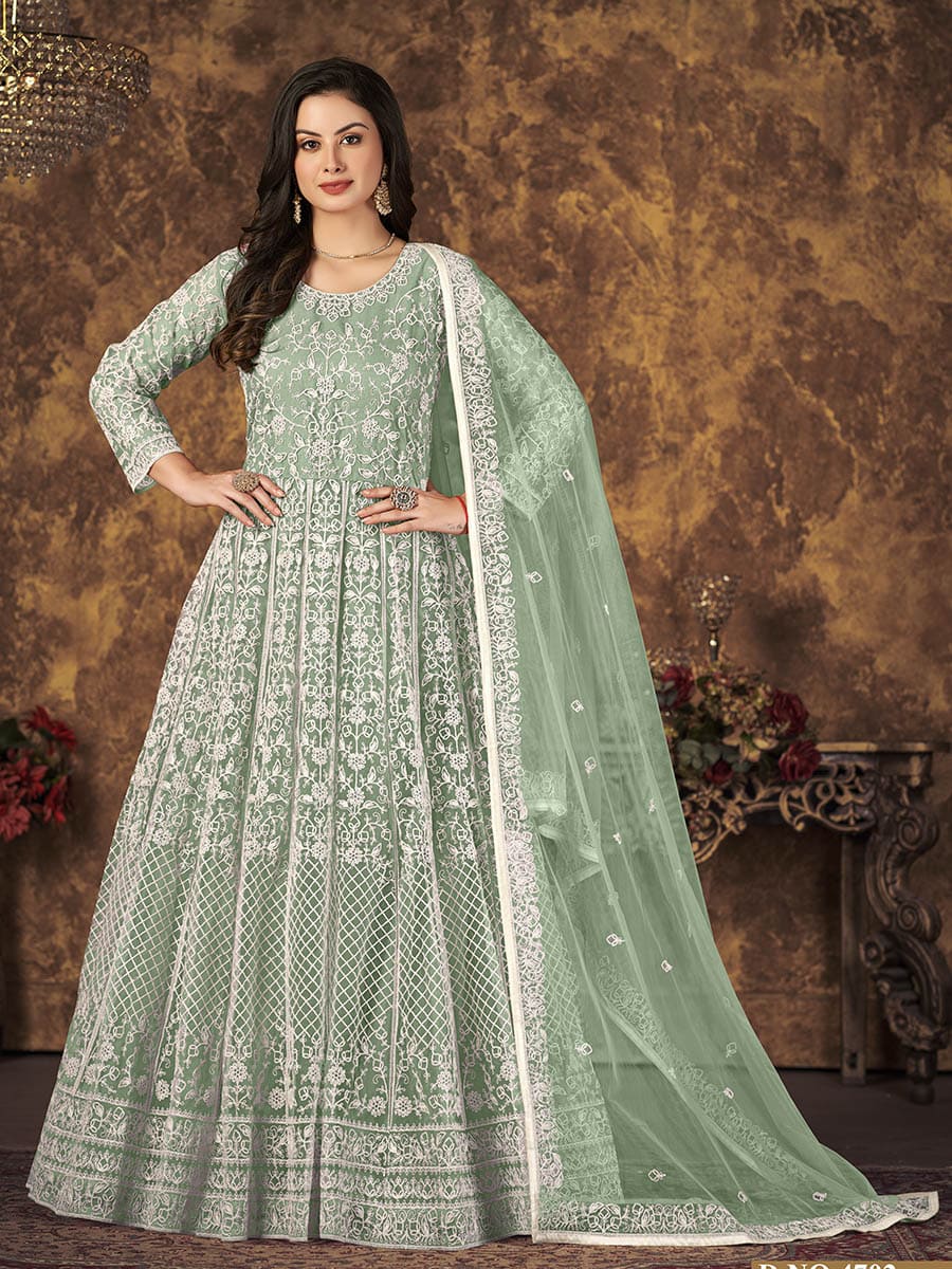Myra Dusty Pista Butterfly Net Embroidered Anarkali Suit 