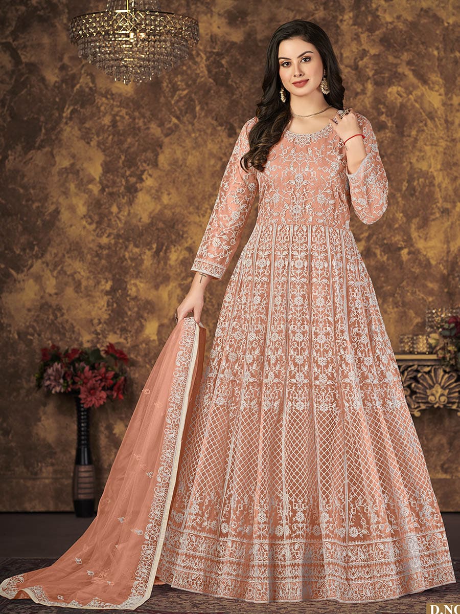 Myra Dusty Peach Butterfly Net Embroidered Anarkali Suit 