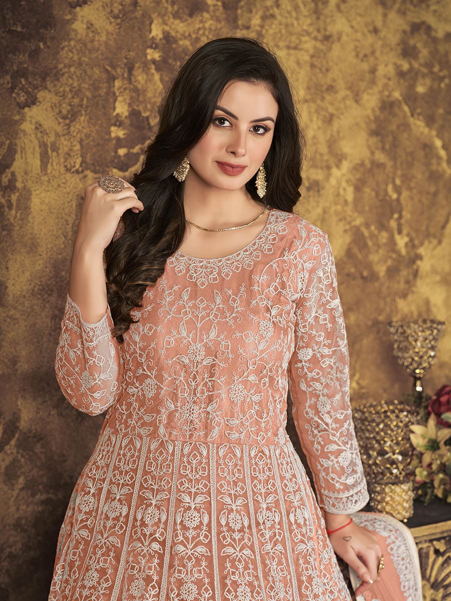 Myra Dusty Peach Butterfly Net Embroidered Anarkali Suit 