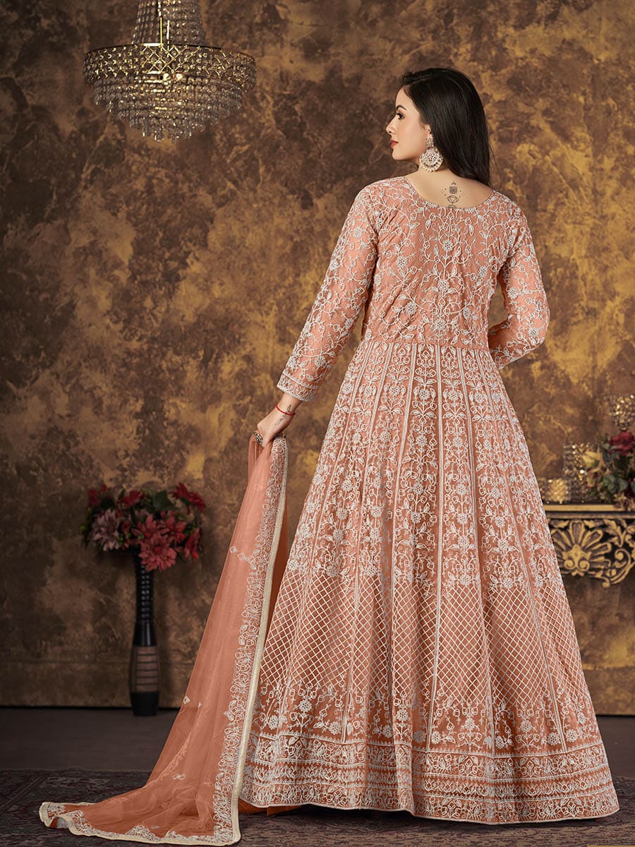 Myra Dusty Peach Butterfly Net Embroidered Anarkali Suit 