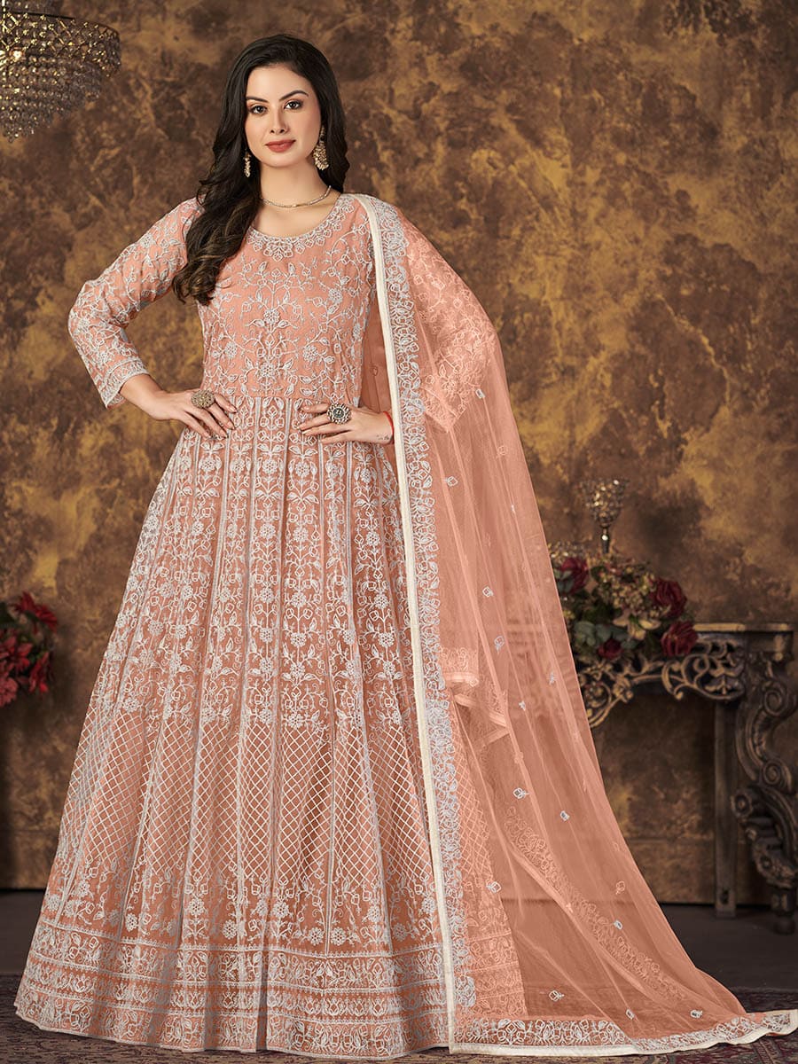 Myra Dusty Peach Butterfly Net Embroidered Anarkali Suit 
