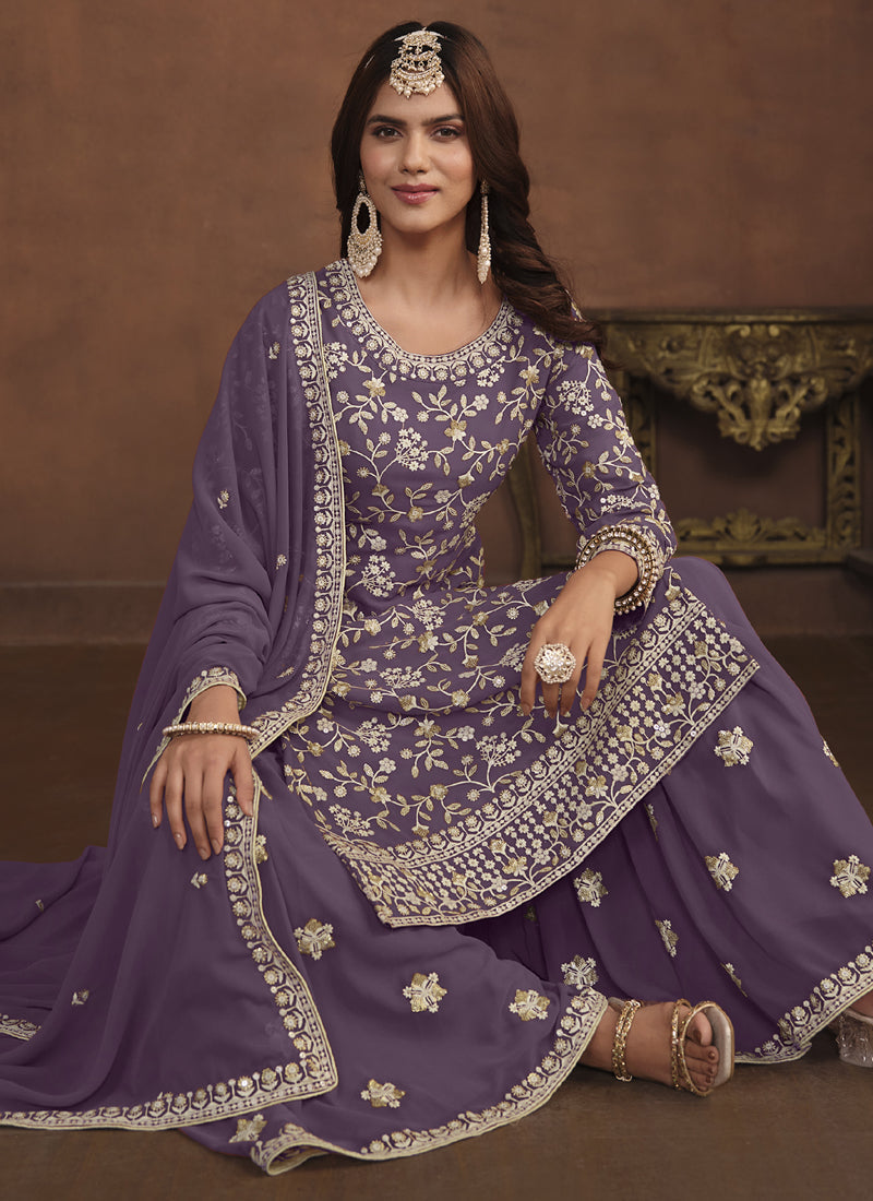 Vegaa Fashion Designer Lavender Faux Georgette Embroidery Sharara Suit  Grab2Buy Vegaa Fashion Grab2Buy