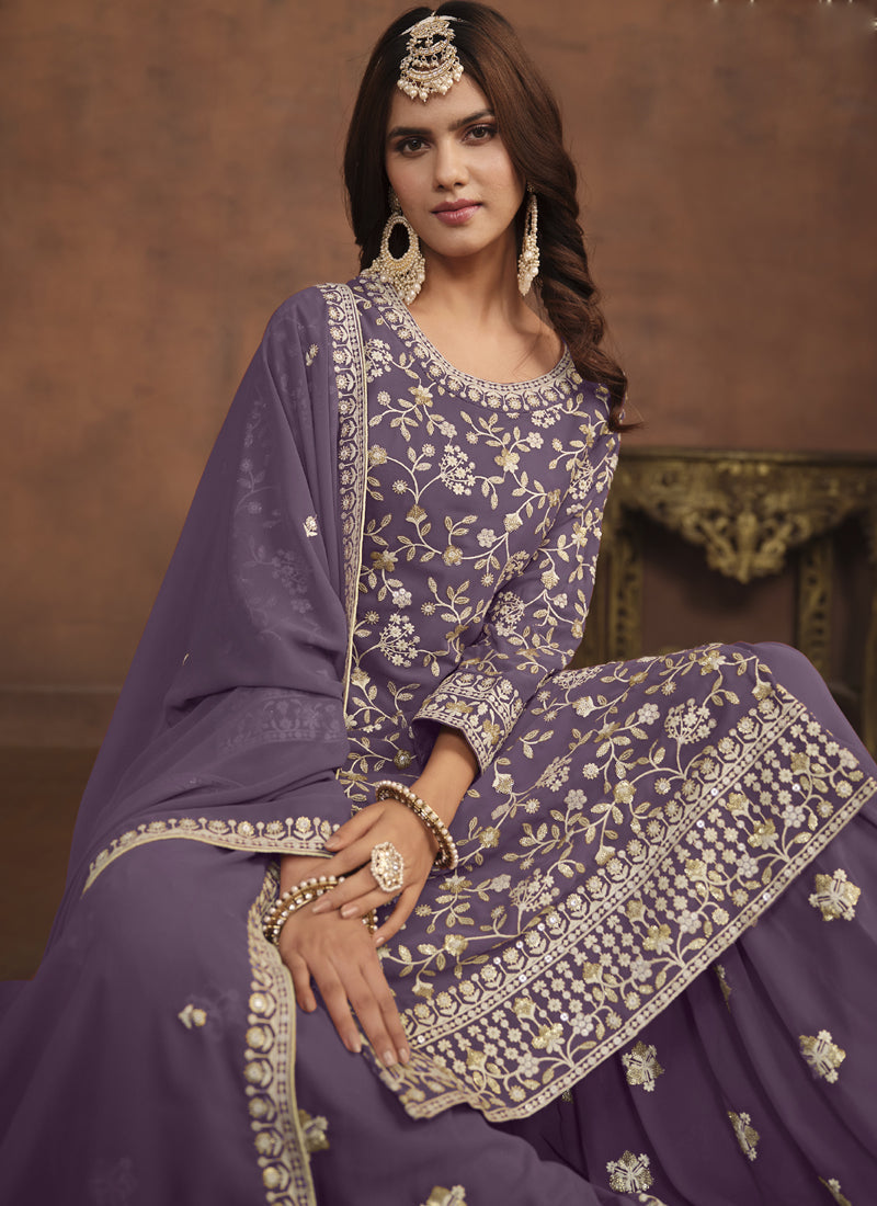 Vegaa Fashion Designer Lavender Faux Georgette Embroidery Sharara Suit  Grab2Buy Vegaa Fashion Grab2Buy