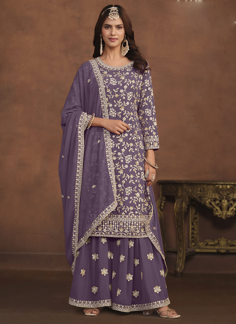 Vegaa Fashion Designer Lavender Faux Georgette Embroidery Sharara Suit  Grab2Buy Vegaa Fashion Grab2Buy