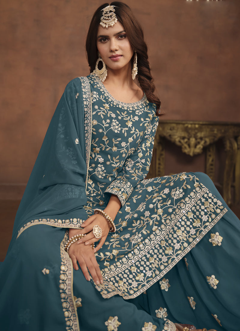 Vegaa Fashion Designer Dark Grey Faux Georgette Embroidery Sharara Suit  Grab2Buy Vegaa Fashion Grab2Buy