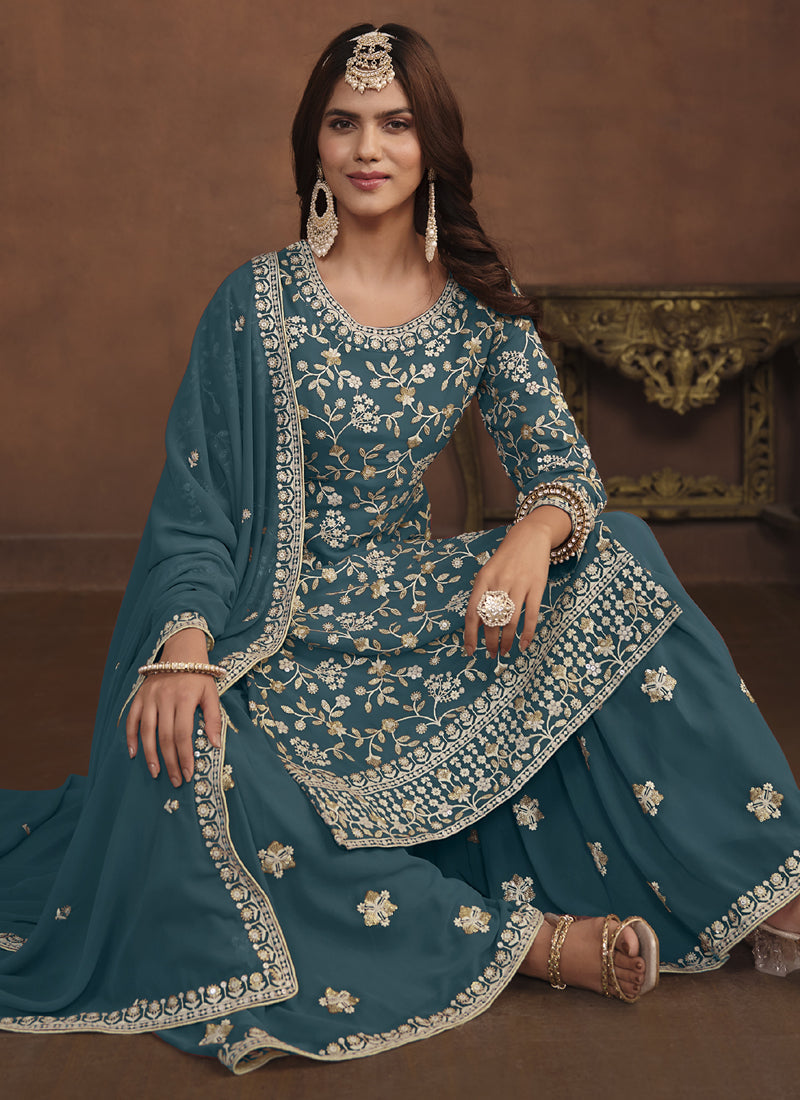 Vegaa Fashion Designer Dark Grey Faux Georgette Embroidery Sharara Suit  Grab2Buy Vegaa Fashion Grab2Buy