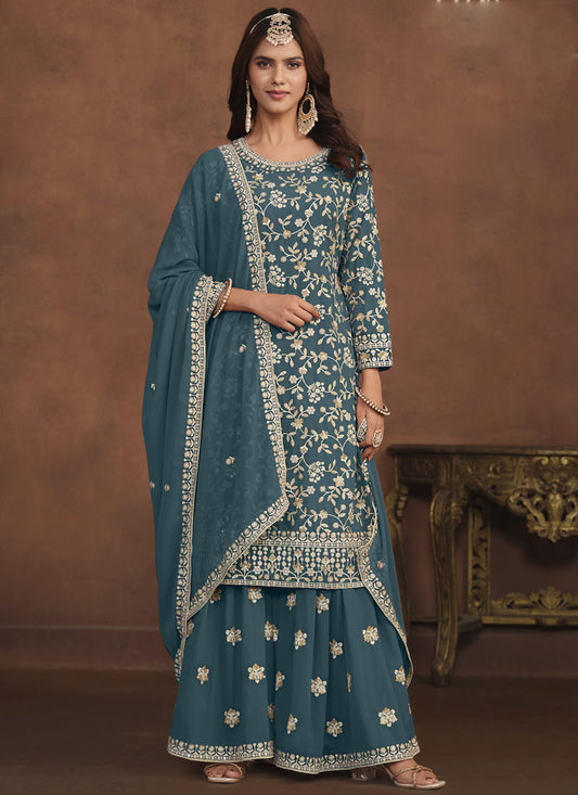 Vegaa Fashion Designer Dark Grey Faux Georgette Embroidery Sharara Suit  Grab2Buy Vegaa Fashion Grab2Buy