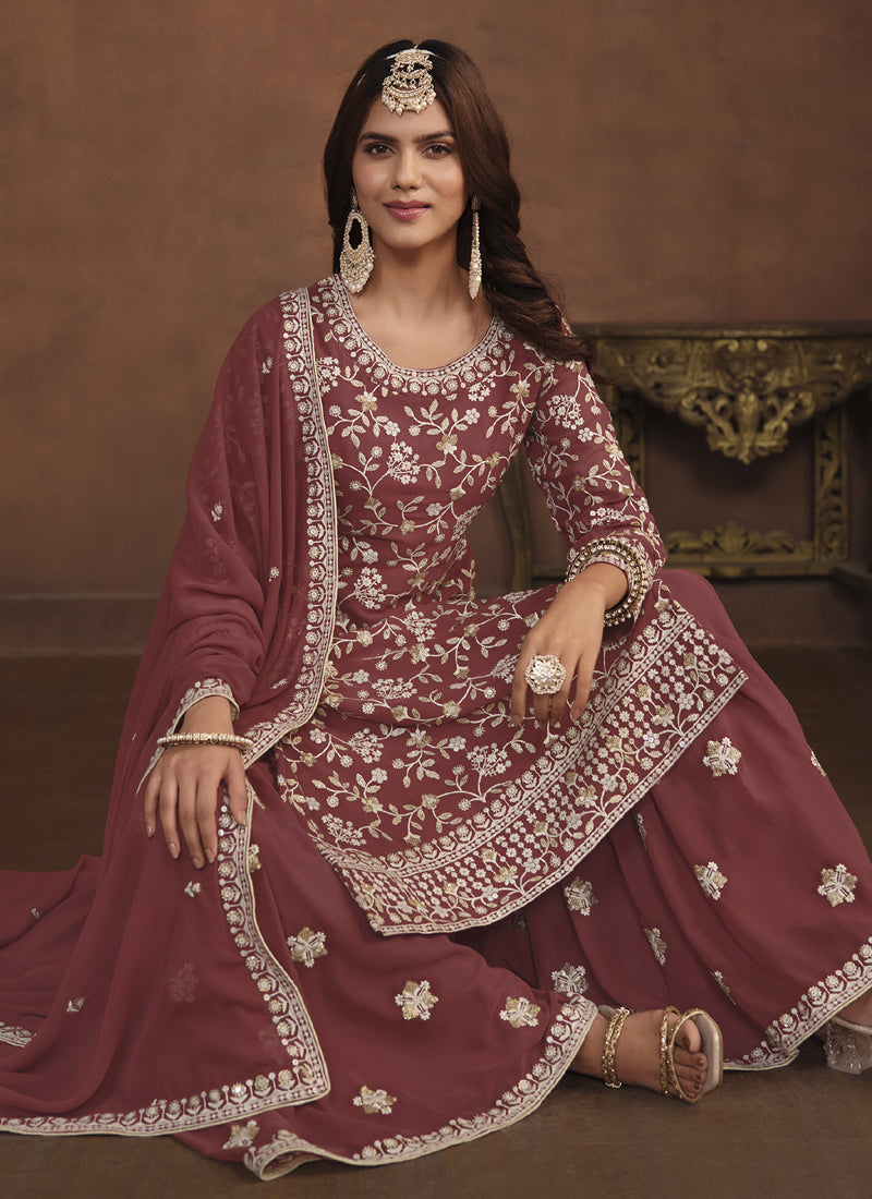 Vegaa Fashion Designer Brown Faux Georgette Embroidery Sharara Suit  Grab2Buy Vegaa Fashion Grab2Buy