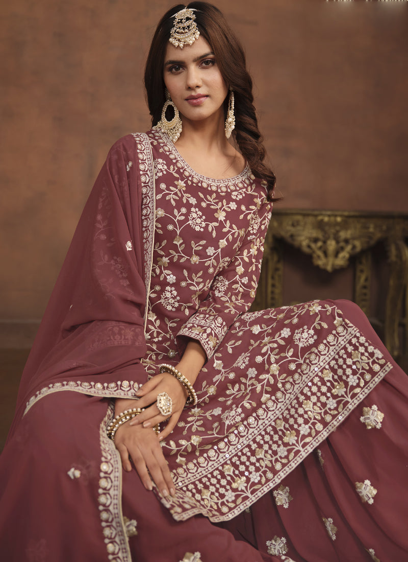 Vegaa Fashion Designer Brown Faux Georgette Embroidery Sharara Suit  Grab2Buy Vegaa Fashion Grab2Buy