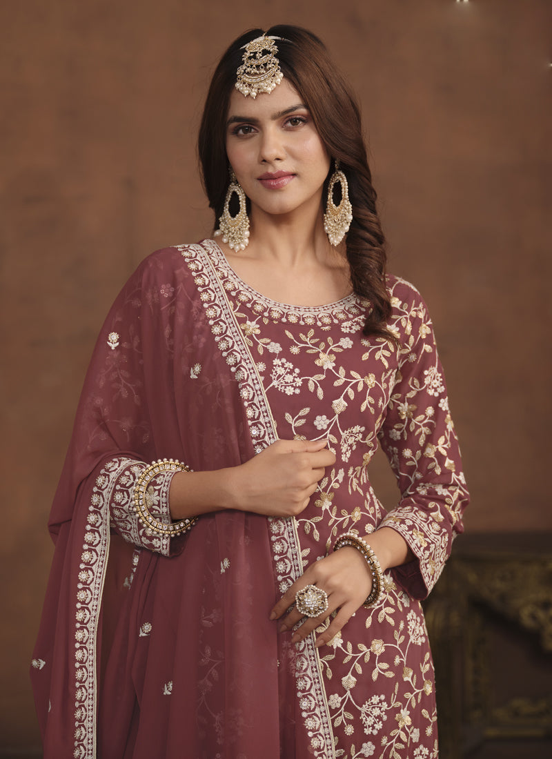 Vegaa Fashion Designer Brown Faux Georgette Embroidery Sharara Suit  Grab2Buy Vegaa Fashion Grab2Buy